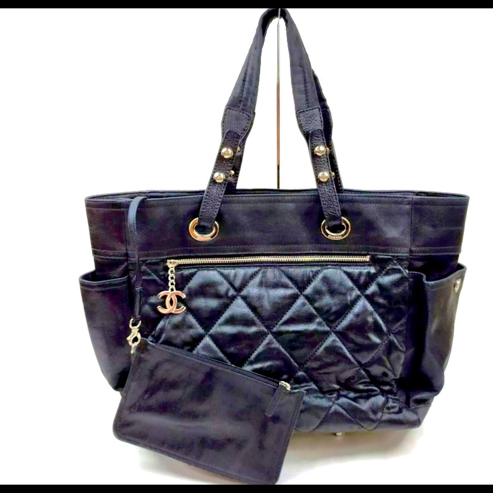 Chanel Quilted Black Leather Tote with Pouch